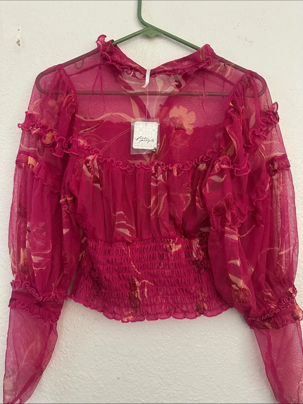 Free People Fuchsia Pink Sheer Ruffle Floral Blouse